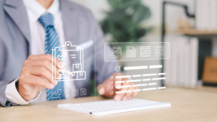 Businessman Using Digital Checklist Interface for Data Management and Workflow Automation
