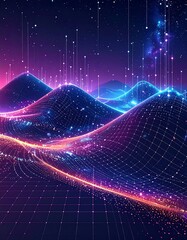 Digital landscape with glowing gridlines, data streams, and vibrant neon colors resembling a futuristic mountain range against a starry background