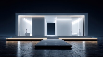 Modern Minimalist White Building Facade Illuminated by Soft Neon Lights Reflecting on Wet Ground