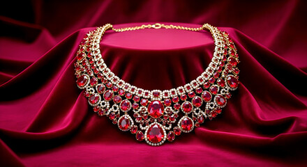 Exquisite Red Gem Necklace Adorned with Diamond Accents Resting on Rich Velvet Silk Display Backdrop