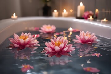 Pink Water Lilies Floating In A Bathtub Surrounded By Lit Candles Soft Ambient Light Creating Serene Ambiance