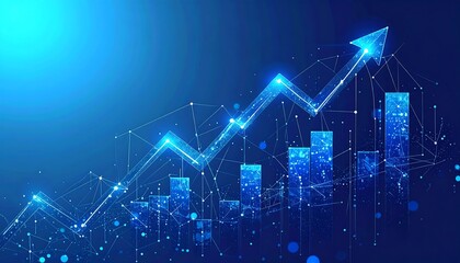 Digital graphic depicts an upward-trending arrow with connected lines and rising bar graphs, all overlaid against a gradient blue background