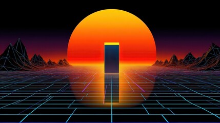 Retro Futuristic Sunset Over Digital Landscape With Glowing Grid and Geometric Obelisk