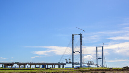 Cheongna-dong, Seo-gu, Incheon, South Korea - August 30, 2025: Construction progress of Cheongna Sky Bridge. Incheon Yeongjongdo Third Bridge. Cheongna Sky Bridge under construction.