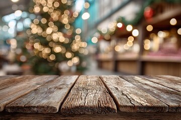 Wooden table with blurred Christmas tree and festive lights in holiday market background, winter mockup scene