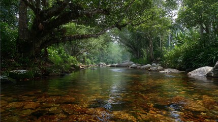 Obraz premium Tropical river landscape in an jungle forest with palm trees and a clear blue sky
