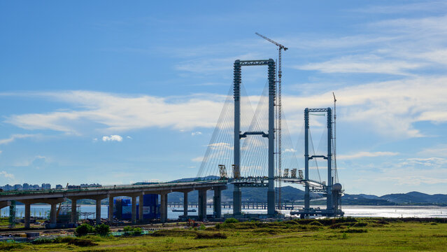 Cheongna-dong, Seo-gu, Incheon, South Korea - August 30, 2025: Construction progress of Cheongna Sky Bridge. Incheon Yeongjongdo Third Bridge. Cheongna Sky Bridge under construction.