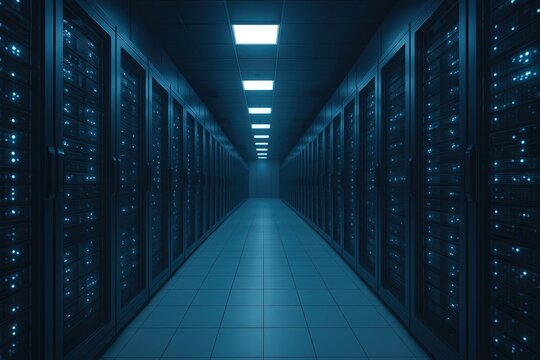 Digital data center servers humming with glowing blue lights, network infrastructure, cloud. - Powered by Adobe