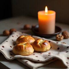 Warm glowing candle illuminates freshly baked bread rolls on a rustic table
