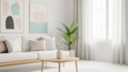 Naklejka premium Blurred Cozy and bright living room with modern abstract art and a minimalist wooden coffee table