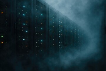 Data center servers with glowing lights and atmospheric smoke, technology infrastructure, server.
