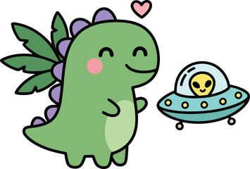 Dinosaur and Alien Friendship - Cute Green Dino with UFO Space Clipart | Sticker Vector
