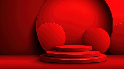 Red Stage With Podium And Circular Background Elements In Studio Lighting