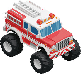 Fun Cartoon Isometric Vector Illustration of a Monster Truck Fire Engine with Large Wheels, Red and White Paint, Ladder, and Emergency Lights. © Sarmen Creative