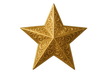 Golden star decoration with ornate filigree pattern, shiny metallic embossed award symbol, transparent background