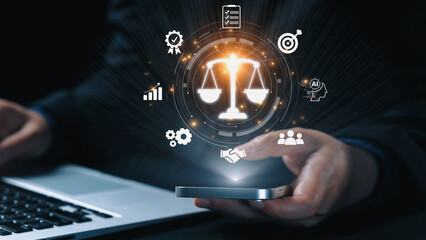 Futuristic digital law interface displaying justice scale, highlighting digital law, AI compliance, digital law systems, and digital law regulations for secure governance. Elide