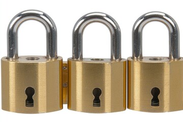 Three brass padlocks with a refined metallic texture; the white background complements the security and hardware design
