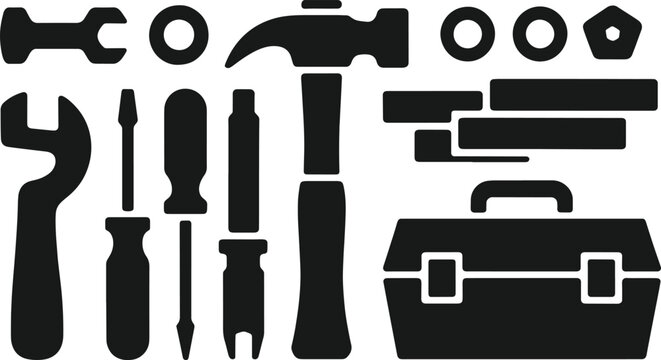 Black and white of various tools including a hammer, wrench, screwdriver, pliers, and toolbox