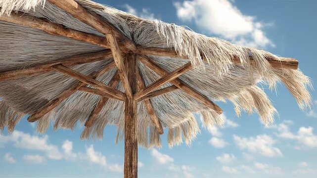 Tropical thatch roof swaying in breezy sky