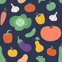 Fototapeta premium Seamless pattern with autumn vegetables in flat style with partial outline. On dark background. Autumn and harvest concept. Vector illustration.