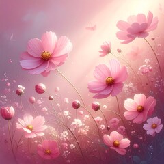 Digital painting depicting vibrant pink flowers reaching toward the sunlight, surrounded by smaller blooms. Soft, dreamy atmosphere
