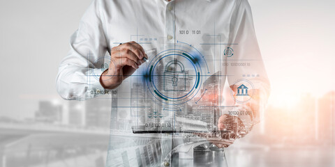 Cybersecurity system interface with biometric lock and data protection. Cybersecurity protects access, identity, cyber security prevents threats, and cyber security supports digital systems. Vouch