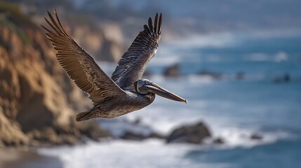 Brown pelican bird on the beach near the ocean water, a stunning example of Florida wildlife and tropical nature