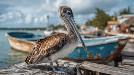 Brown pelican bird on the beach near the ocean water, a stunning example of Florida wildlife and tropical nature