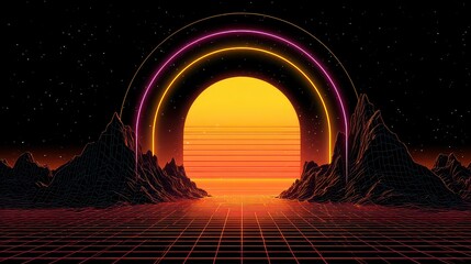 Pixelated Retro Sunset Over Mountains With Neon Arch and Grid Landscape