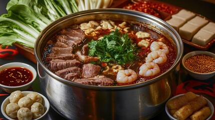 Spicy Flavor Hot Pot Ingredient Platter, Fresh vegetables, diced beef, seafood, and tofu, surrounded by various dipping sauces.Food Promotional Material, Chinese-chic Warm Tone Cuisine