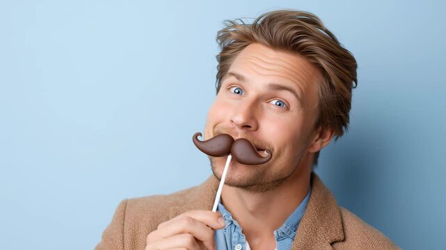 Young man playfully poses with chocolate mustache on a stick, showcasing a lighthearted moment, camera zooms in and out for emphasis