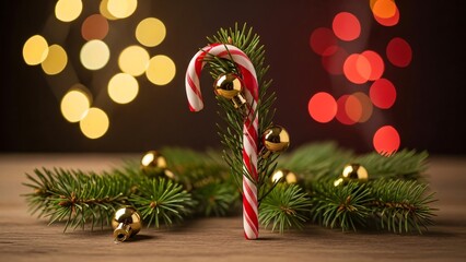 Festive Christmas Candy Cane with Green Fir Branches and Golden Ornaments on a Wooden Table with Bokeh Lights.