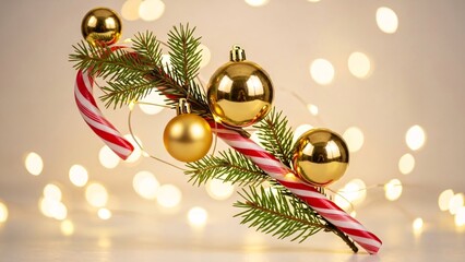 Christmas branch with golden balls and candy canes on a bokeh background.