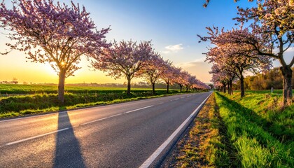 Fototapeta premium Road with blooming trees in spring