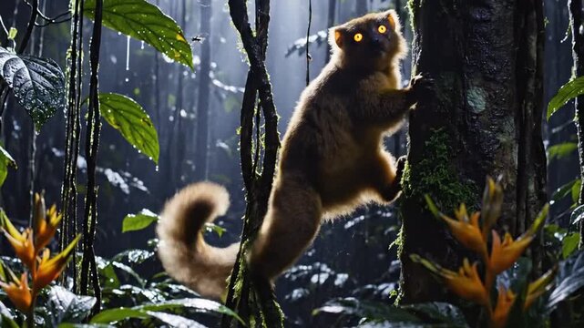 Curiously brown monkey clings to a vine amid a lush rainforest, framed by orange heliconias in light