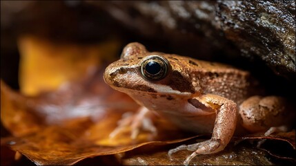 A small green amphibian frog is sitting on a stone on the ground, a closeup of the brown wild animal in nature