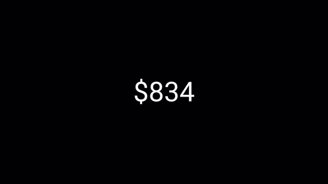 One thousand dollar counting animation from 0 to 1,000 on a transparent background, dollar money counter animation with alpha channel in 4k.

