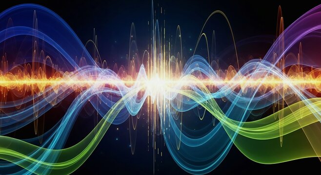 vibrant multicolor sound waves flowing across a dark background, glowing frequency patterns, dynamic audio waveform energy, luminous light trails, abstract motion design.