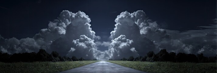 Open road stretches toward dramatic storm clouds under a dark sky.