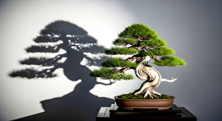 Bonsai Tree With Dramatic Shadow: Elegant Miniature Plant For Home Garden And Decor
