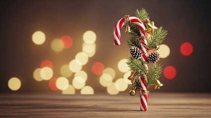 Festive Candy Cane with Pine Branches and Bokeh Lights.
