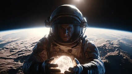 Astronaut holding glowing orb on lunar surface