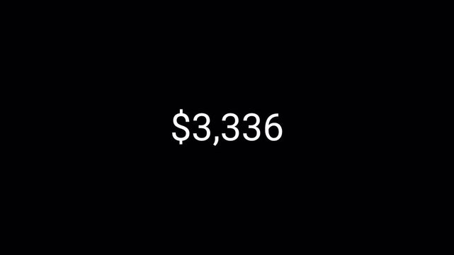 four thousand dollar counting animation from 0 to 4,000 on a transparent background, dollar money counter animation with alpha channel in 4k.
