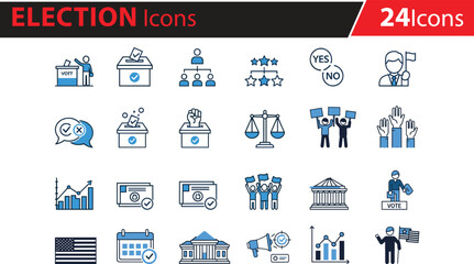 Election and voting icons vector set, ballot box, civic engagement, protest signs, government building, vote casting, justice scales, political activism, identification card, flag, calendar