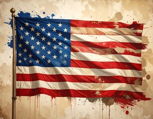 Digital painting depicts a waving flag with red, white, and blue colors, displayed against a distressed background
