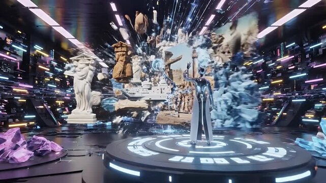 Cinematic loop footage of a futuristic humanoid robot standing on a glowing platform in a high-tech digital museum with classical statues.