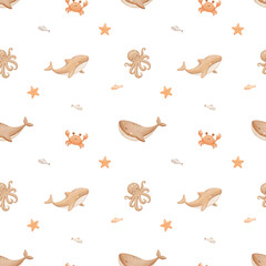Obraz premium Seamless pattern with small sea animals, hand drawn repeating background. Allover childish print for nursery