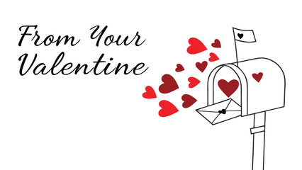 From your valentine greeting card with a mailbox overflowing with red hearts and a love letter being delivered on a white background