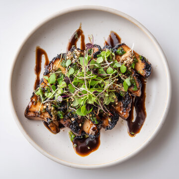 Charcoal-grilled maitake steak, truffle glaze, micro herbs minimal garnish, luxury vegan entree plating