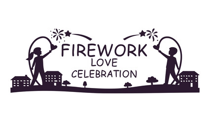 Silhouette of a boy and girl holding heart shaped fireworks above a town celebrating love and fireworks